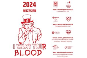 Grafika promująca akcję Krewni Pyrkonu z postacią w kapeluszu w stylu wujka Sama oraz napisem 'I Want Your Blood' w kolorze czerwonym.