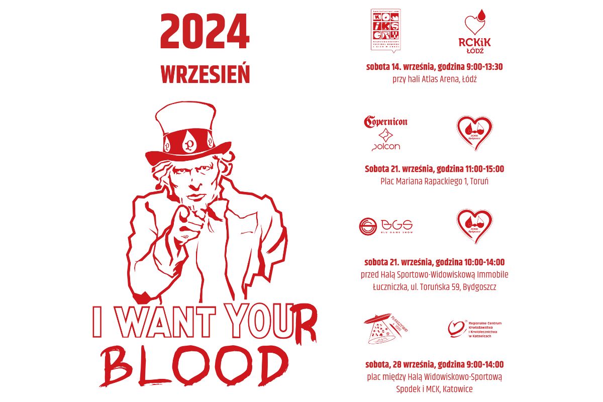 Grafika promująca akcję Krewni Pyrkonu z postacią w kapeluszu w stylu wujka Sama oraz napisem 'I Want Your Blood' w kolorze czerwonym.