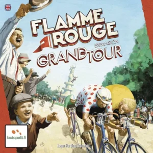 Okładka gry „Flamme Rouge: Grand Tour” przedstawiająca wyścig kolarski, z kolarzami rywalizującymi na czele, otoczonymi dopingującymi kibicami.