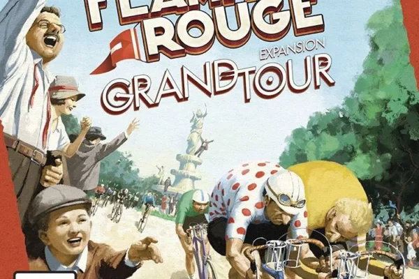 Okładka gry „Flamme Rouge: Grand Tour” przedstawiająca wyścig kolarski, z kolarzami rywalizującymi na czele, otoczonymi dopingującymi kibicami.