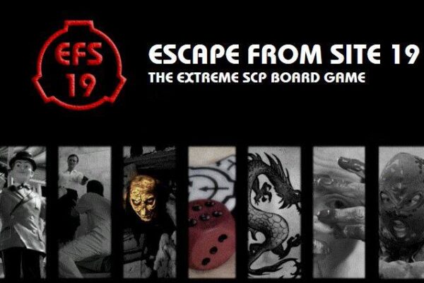 Logo i tytuł gry planszowej Escape from Site 19: The Extreme SCP Board Game. Na dole widoczne kadry przedstawiające różne postacie i motywy z gry, w tym złotą maskę, smoka i kostkę do gry.