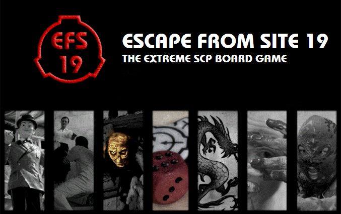 Logo i tytuł gry planszowej Escape from Site 19: The Extreme SCP Board Game. Na dole widoczne kadry przedstawiające różne postacie i motywy z gry, w tym złotą maskę, smoka i kostkę do gry.