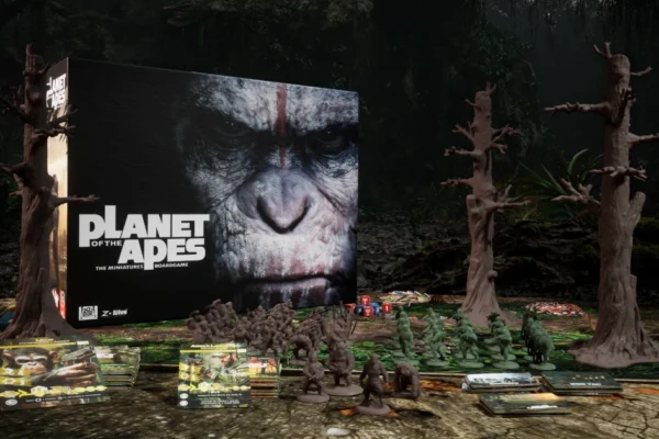 grafika z kampanii gry Planet of the Apes pokazująca pudełko gry oraz elementy terenu