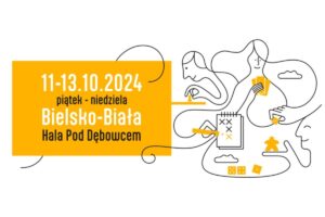 Plakat wydarzenia Planszówki pod Szyndzielnią odbywającego się w dniach 11-13 października 2024 roku w Bielsku-Białej, Hala Pod Dębowcem, z grafiką przedstawiającą osoby grające w gry planszowe