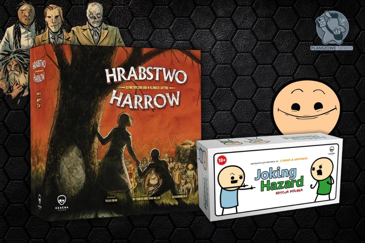 Okładki gier planszowych ‘Hrabstwo Harrow’ o klimacie gotyckiego horroru oraz ‘Joking Hazard’, humorystycznej gry karcianej, na tle czarnej, teksturowanej ściany.