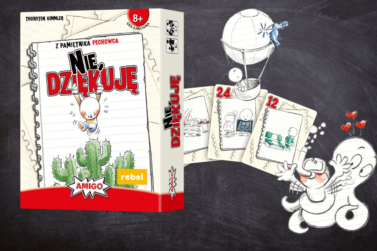 Pudełko gry karcianej ‘Nie, dziękuję!’ z ilustracją postaci skaczącej nad kaktusami. Obok widoczne trzy karty z gry, przedstawiające różne scenki z życia postaci, z numerami punktacji: 24 i 12.