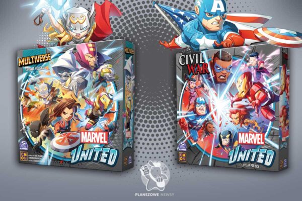 Grafika prezentująca pudełka Marvel United: Multiverse oraz Marvel United: Civil War