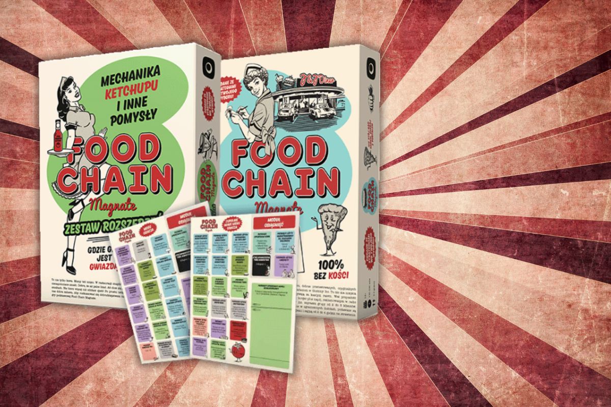 Pudełka rozszerzeń do gry Food Chain Magnate z grafiką w stylu retro oraz planszami modułów, na tle czerwono-beżowych promieni w stylu vintage.