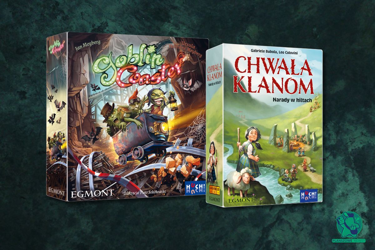 Okładki dwóch gier planszowych wydawnictwa Egmont: ‘Goblin Coaster’ i ‘Chwała Klanom’. Okładka ‘Goblin Coaster’ przedstawia gobliny jadące szaloną kolejką górską w mrocznej kopalni pełnej nietoperzy. ‘Chwała Klanom’ ukazuje spokojny, wiejski krajobraz z pasterką, owcami i klanem zebranym na tle zielonych wzgórz i kamiennych kręgów.