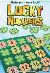 Okładka gry ‘Lucky Numbers’ z zielonymi koniczynkami ułożonymi w rzędy. Na niektórych koniczynkach widoczne są numery od 1 do 19, a hasło ‘Make your own luck!’ sugeruje elementy gry oparte na szczęściu i strategii.