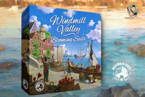 Pudełko dodatku Windmill Valley: Bloomong Sails. Na nim port z targiem i zacumowanym statkiem.