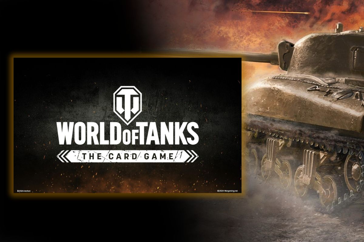 Logo gry karcianej 'World of Tanks: The Card Game' na tle czarnej powierzchni z iskrzącymi się detalami oraz fragment czołgu w ruchu na tle eksplozji.