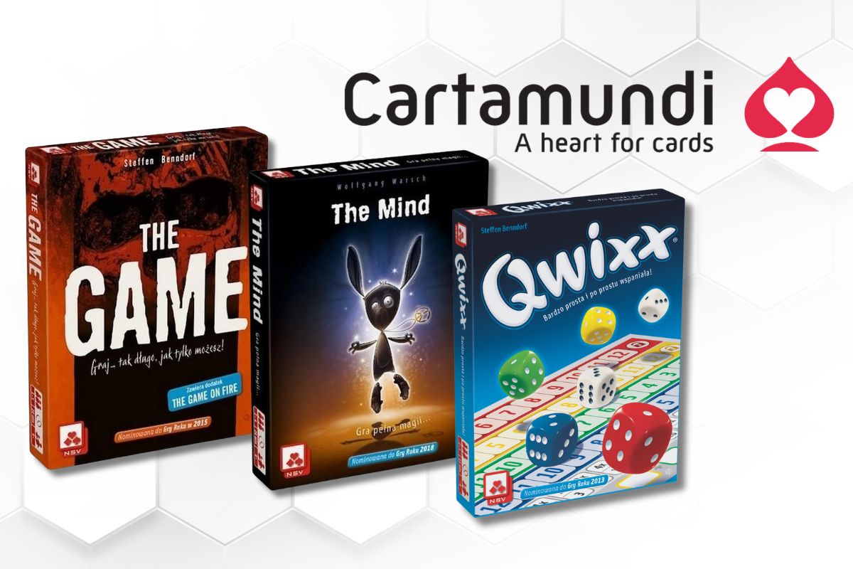 Okładki gier 'The Game', 'The Mind' i 'Qwixx' na tle z logo Cartamundi, prezentujące różnorodne gry karciane i planszowe tej marki.