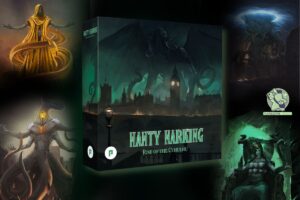 Planszówka 'Nanty Narking: Rise of the Cthulhu' w klimacie Lovecraftowskiego horroru. Pudełko gry na tle mrocznego Londynu z wyłaniającą się postacią Cthulhu nad Big Benem. Ilustracje przedstawiają różne mitologiczne istoty z uniwersum Cthulhu, tworząc atmosferę grozy i tajemniczości.