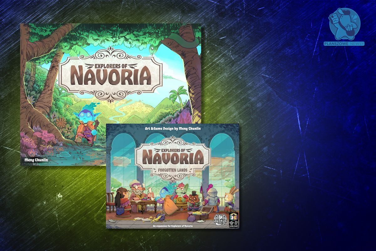 Okładki gry planszowej ‘Explorers of Navoria’ oraz dodatku ‘Forgotten Lands’ autorstwa Meng Chunlina. Główna ilustracja przedstawia kolorowy, bajkowy krajobraz z fantastycznymi postaciami, w tym niebieskoskórym odkrywcą w okularach. Dodatek ukazuje scenę spotkania różnych postaci w sali z widokiem na malownicze góry. Styl ilustracji nawiązuje do kreskówkowej estetyki fantasy.