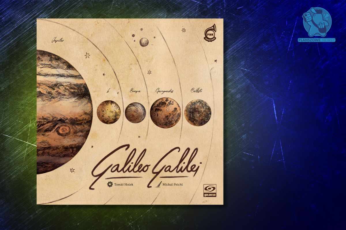 Okładka gry planszowej Galileo Galilei, stylizowana na starą kartę astronomiczną w odcieniach beżu i brązu. Ilustracja przedstawia Jowisza oraz jego cztery księżyce – Io, Europę, Ganimedesa i Kallisto – w układzie orbitalnym. Ręcznie rysowane linie orbit i niewielkie gwiazdy dodają całości klasycznego, naukowego charakteru, nawiązując do epoki wielkich odkryć astronomicznych.