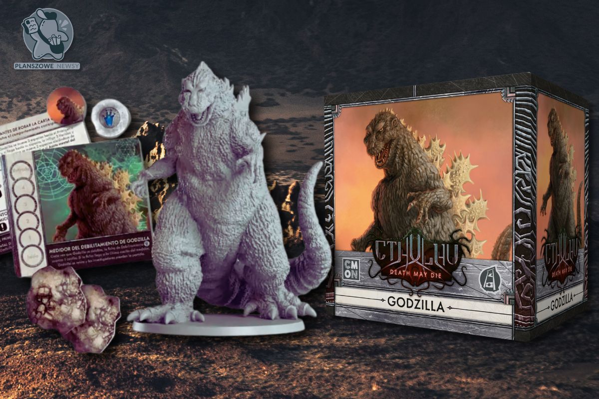 Specjalne rozszerzenie ‘Cthulhu: Death May Die’ - Godzilla! Pudełko i epicka figurka przedstawiająca Godzillę w starciu z mrocznymi siłami Cthulhu. Dodatkowe elementy gry: karty, żetony oraz unikalne mechaniki wprowadzające legendarną bestię do świata mitologii Lovecrafta.