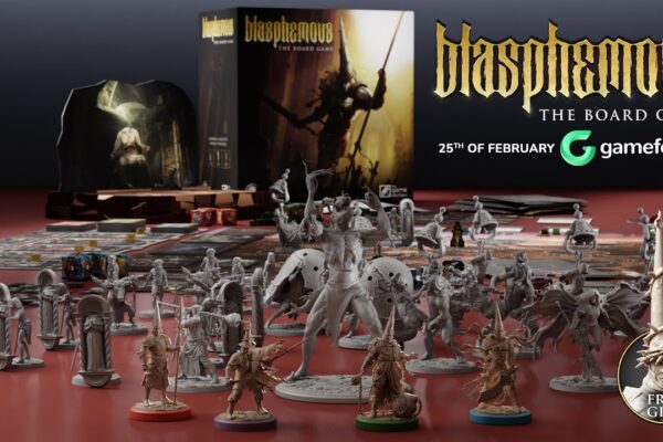 grafika prezentująca pudełko i kilka elementów gry Blasphemous
