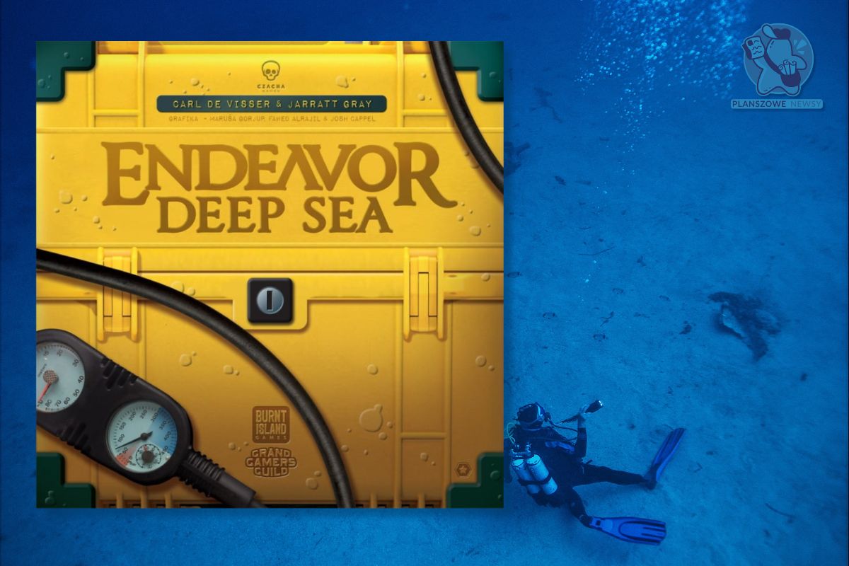 Okładka gry planszowej ‘Endeavor: Deep Sea’. Ilustracja przedstawia żółtą, metalową skrzynię do nurkowania z manometrem i rurkami tlenowymi, sugerującą podwodną eksplorację. W tle widoczny jest nurek badający dno oceanu.