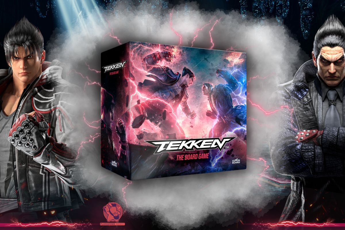 pudełko gry planszowej „Tekken” na tle dynamicznej ilustracji walki. Po bokach postacie z serii, otoczone efektami piorunów i dymu.