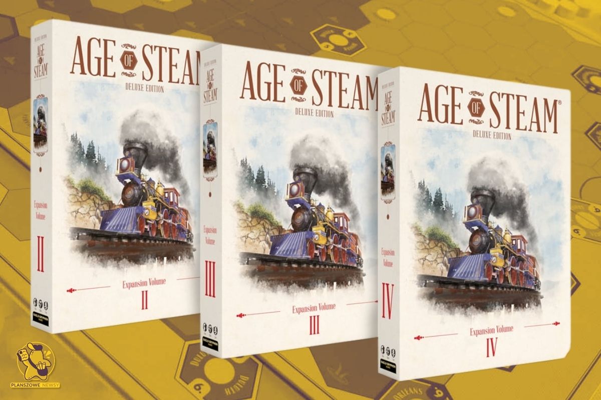 Pudełka dodatków do Age of Steam na brązowym tle.
