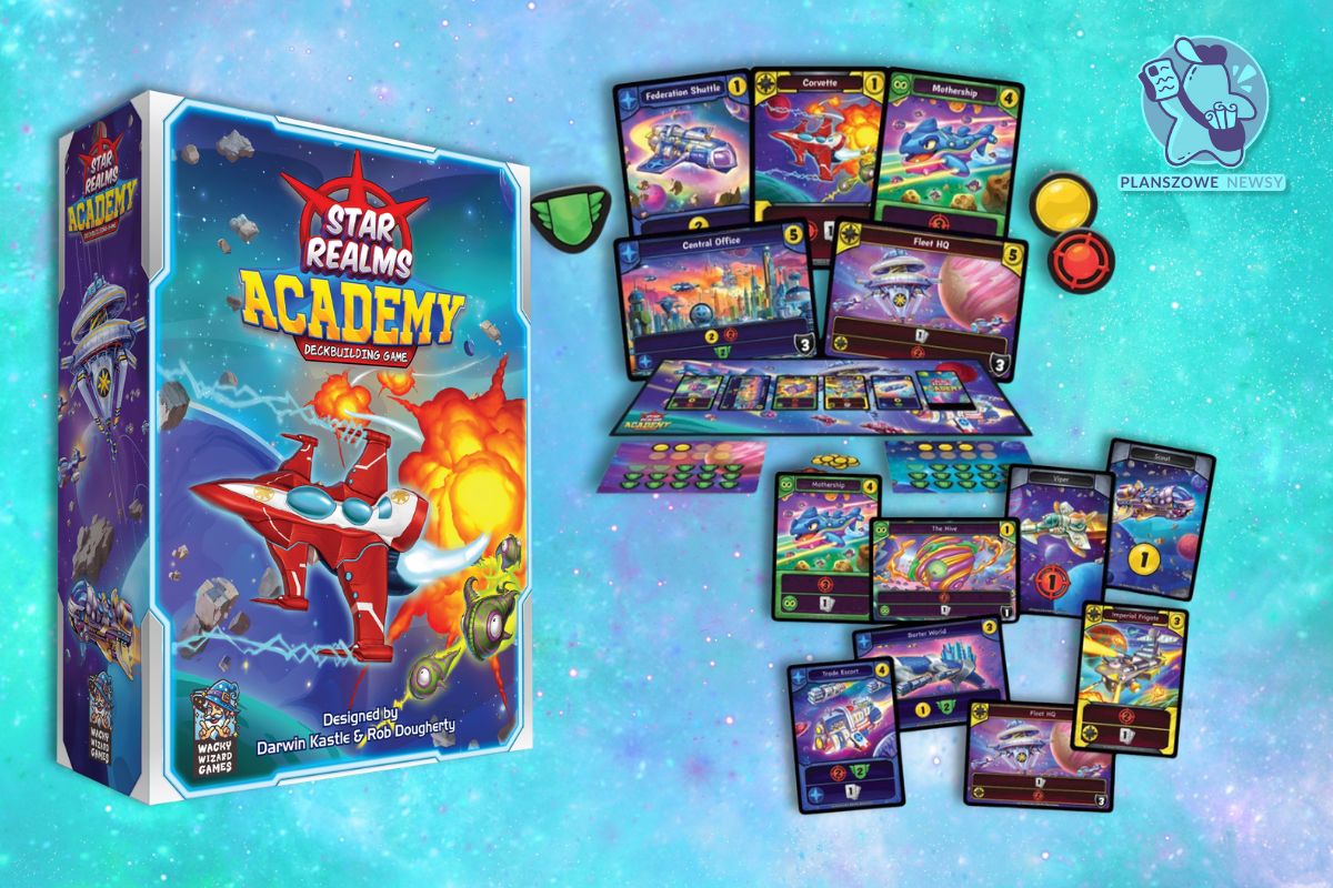 Okładka gry Star Realms Academy oraz komponenty z niej.