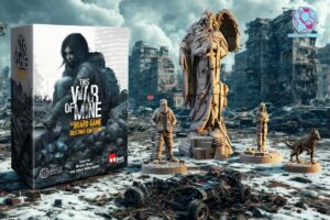 Gra planszowa This War of Mine: Second Edition, przedstawiająca postapokaliptyczne zniszczenia miasta, figurki bohaterów oraz symboliczny posąg anioła z drutem kolczastym.