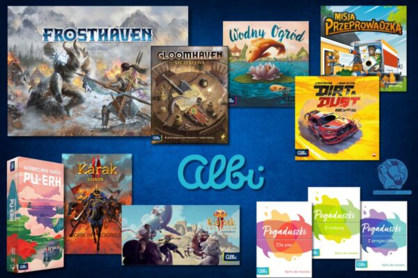 Zapowiedzi wydawnictwa Albi czyli dla każdego coś dobrego Zestaw gier planszowych wydawnictwa Albi, w tym Frosthaven, Gloomhaven: Szczęki Lwa, Karak Chaos i Pogaduszki.