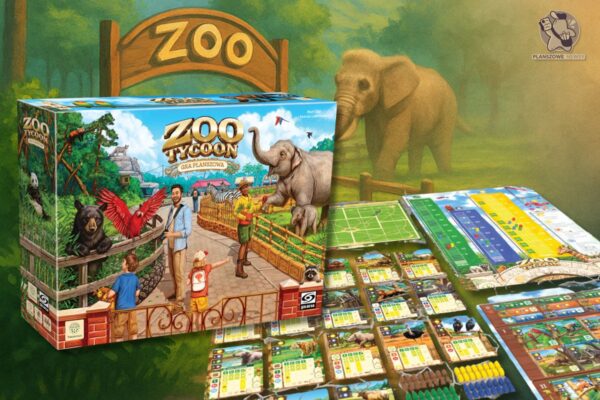 Planszowa gra Zoo Tycoon z kolorowym pudełkiem i rozłożonymi elementami rozgrywki przedstawiającymi zwierzęta i plansze
