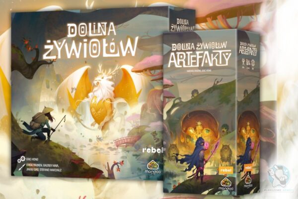 Pudełko gry podstawowej Dolina Żywiołów oraz pudełko z dodatkiem.