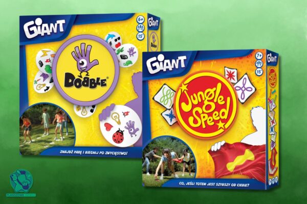 Grafika prezentująca pudełka Jungle Speed Giant oraz Dobble Giant