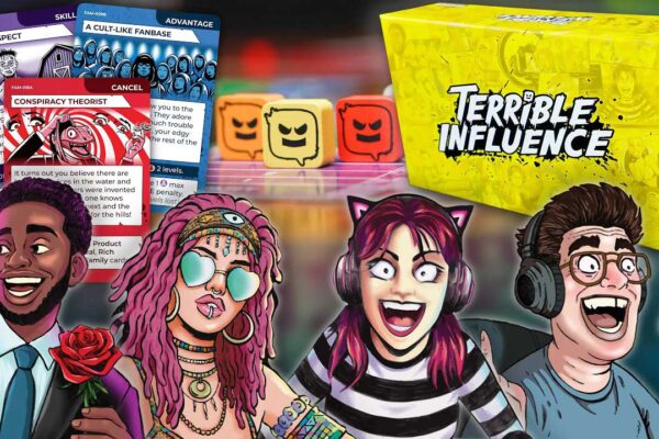 grafika prezentująca pudełko i komponenty gry planszowej Terrible influence