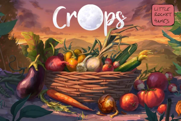 Pudełko gry Crops, a na nim kosz pełen warzyw z ogórdka.