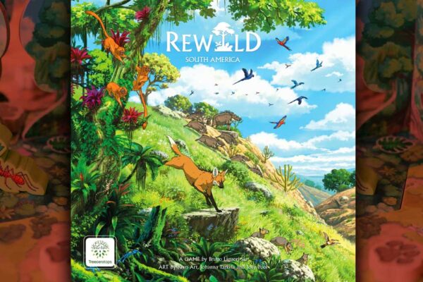 okładka gry Rewild: South America, a w tle elementy gry