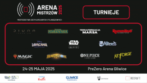 grafika reklamująca Arenę Mistrzów, wydarzenie dotyczące gier planszowych na Arenie Gliwice