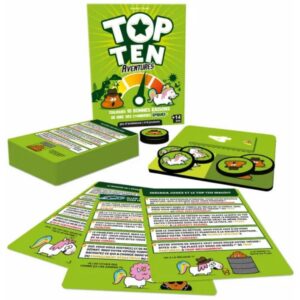 Pudełko gry Top Ten Adventure wraz z komponentami.