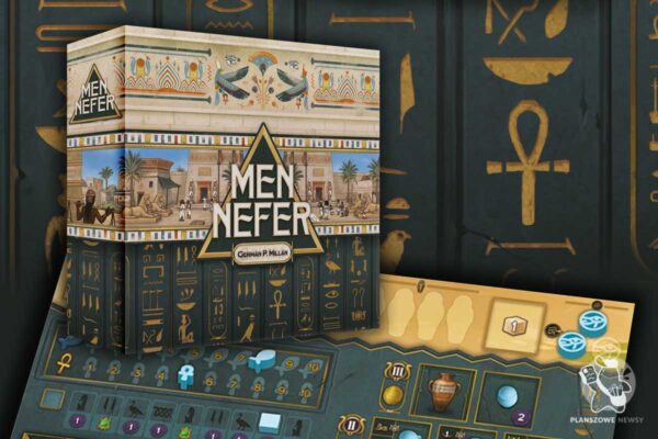 pudełko gry planszowej Men-Nefer, w tle planszetka gracza
