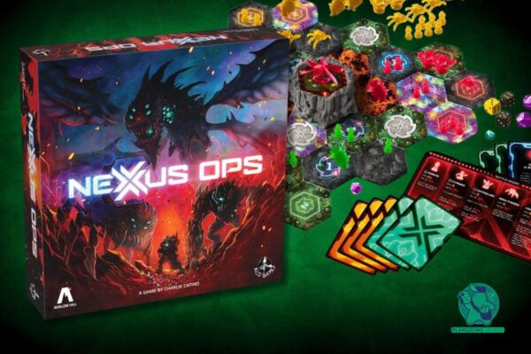 Nexus Ops – premiera polskie edycji od Alis Games Pudełko gry Nexus Ops. W tle komponenty z gry.