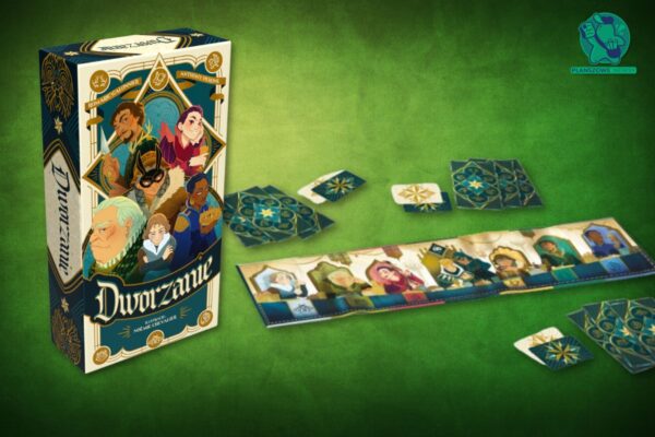 Dworzanie już w sklepach. Premiera nowości Lucky Duck Games pudełko i komponenty gry dworzanie na zielonym tle