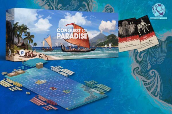 Conquest of Paradise – gra o początkach kolonizacji wysp Polinezji okładka i elementy gry planszowej Conquest to Paradise