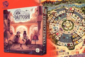 Planszówka Daitoshi z ilustracją okładki w stylu steampunk oraz kolorową planszą z układem kołowym.