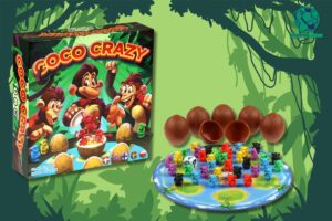 Grafika pokazująca pudełko oraz komponenty gry Coco Crazy