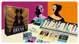 grafika prezentująca pudełko i elementy do gry The Battle of Divas