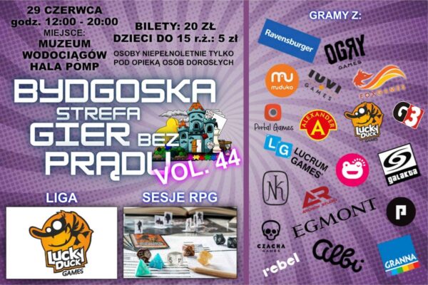 Bydgoska Strefa Gier Bez Prądu zaprasza na kolejne spotkanie Plakat promujący Bydgoską Strefę Gier Bez Prądu.
