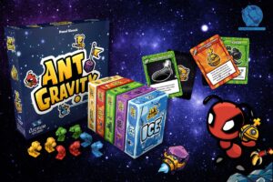 Kolorowa gra planszowa „Ant Gravity” osadzona w kosmicznym świecie z figurkami mrówek i kartami akcji.