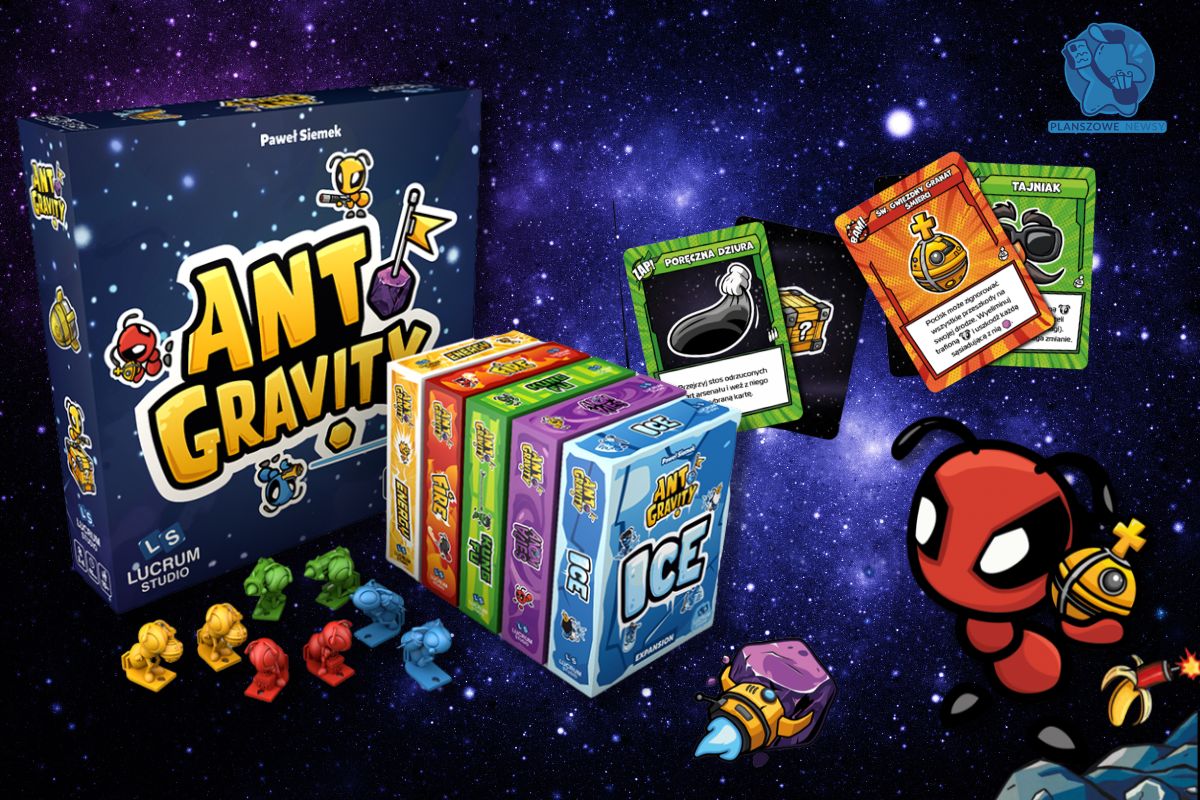 Kolorowa gra planszowa „Ant Gravity” osadzona w kosmicznym świecie z figurkami mrówek i kartami akcji.