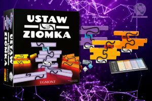 Pudełko z grą planszową Ustaw Ziomka obok rozłożonych elementów logicznej układanki na fioletowym tle.