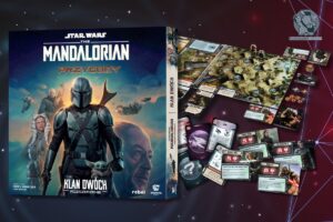 Pudełko rozszerzenia The Mandalorian: Przygody – Klan Dwóch w tle komponenty.