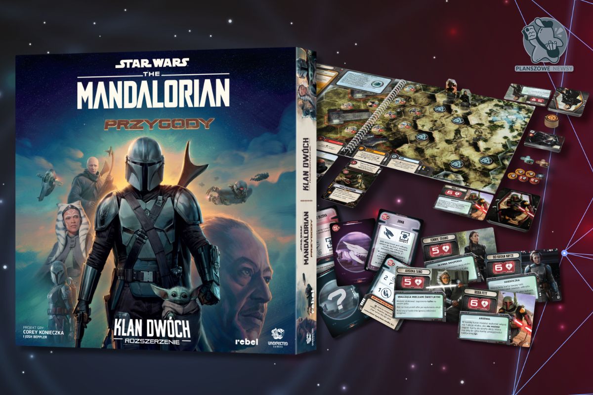 Pudełko rozszerzenia The Mandalorian: Przygody – Klan Dwóch w tle komponenty.