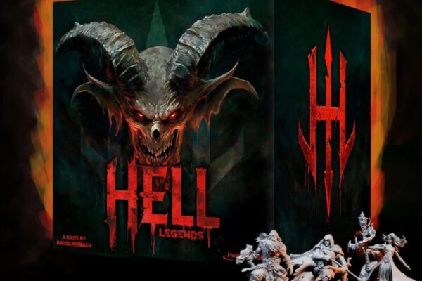 Pudełko gry Hell: Legends przed nim figurki z gry.